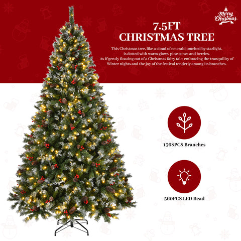 7.5ft Pre-Lit Pre-Decorated Frosted Pine Christmas Tree | 1368 Tips, Pine Cones, Berries | Lush PVC | Easy Setup | Indoor Home Office Holiday Party Decor