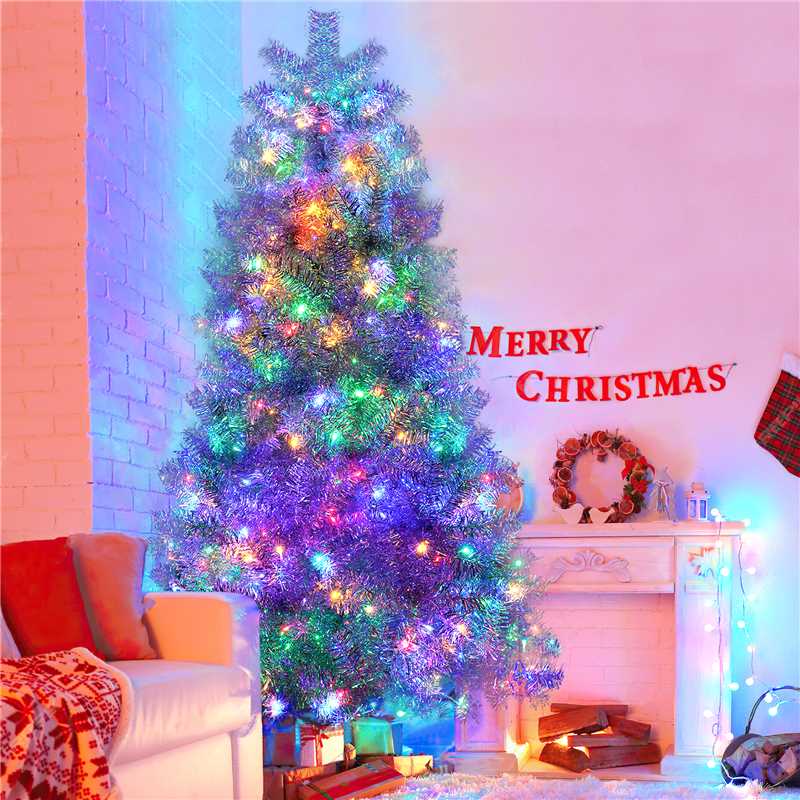 7.4FT Silver Hinged Artificial Christmas Tree with 400 LED Lights, 1200 Full Branch Tips, 11 Modes, Durable PVC, Metal Stand for Indoor/Outdoor Holiday Decor