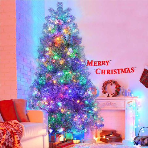 7.4FT Silver Hinged Artificial Christmas Tree with 400 LED Lights, 1200 Full Branch Tips, 11 Modes, Durable PVC, Metal Stand for Indoor/Outdoor Holiday Decor