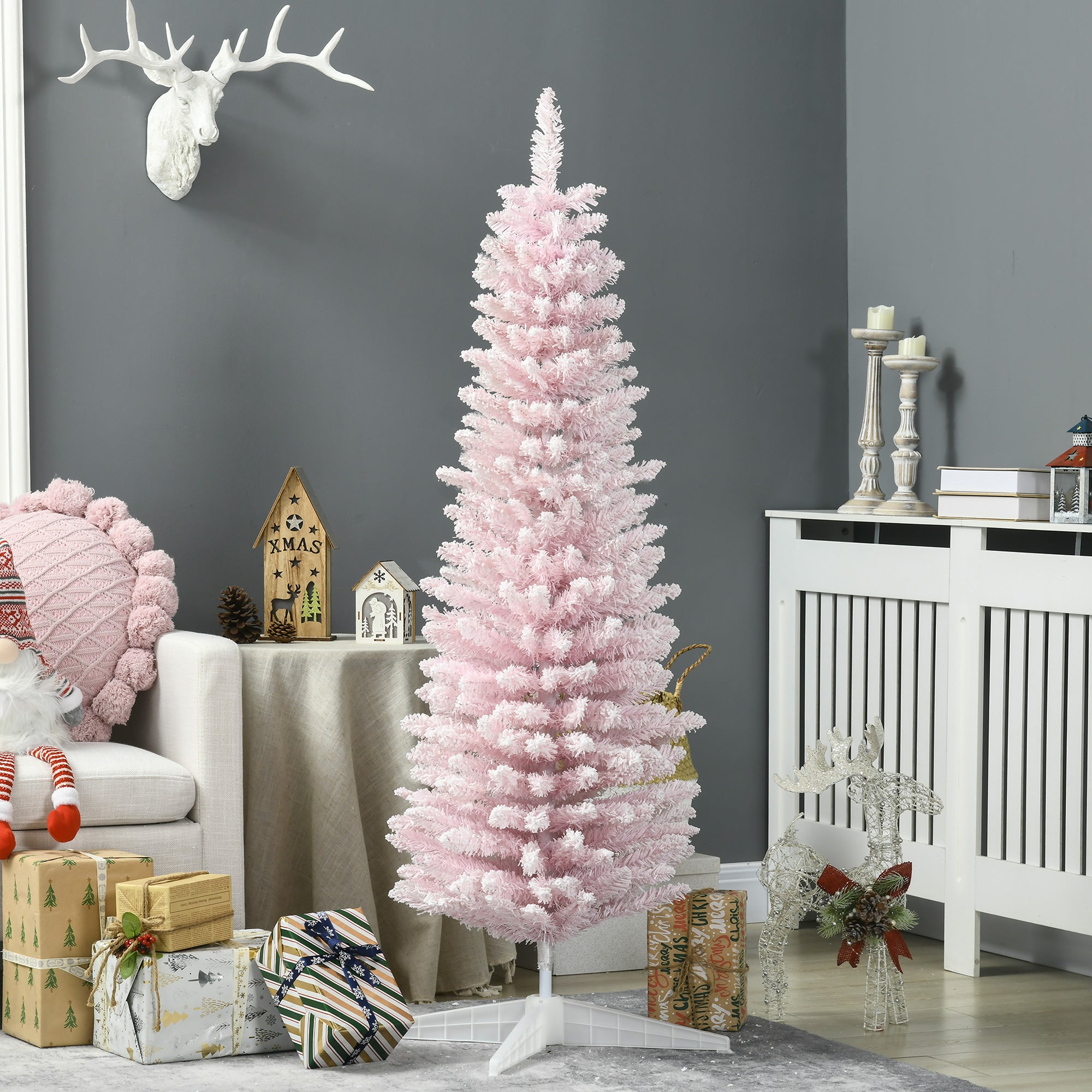 HOMCOM 5' Pink Snow Flocked Pencil Christmas Tree - Slim, Realistic Artificial Xmas Tree with Flame-Retardant Plastic Base for Indoor Holiday Decoration