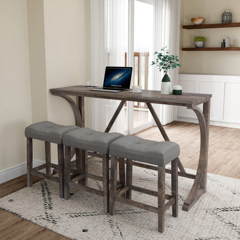 Industrial 4-Piece Bar Table Set with Power Outlet - Rustic Wood Grain Dining Table &amp; Comfy Linen Stools (59"x19"x36") - Space-Saving Breakfast Nook for Living Room, Game Room