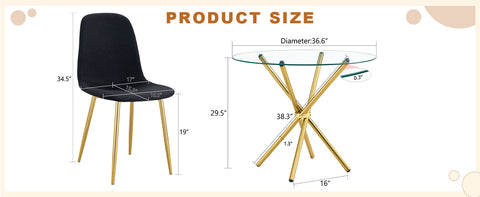 4-Piece Modern Luxe Dining Set: 36.6'' Round Tempered Glass Table & Black Linen-Cotton Chairs with Gold Metal Legs - Chic Seating for Kitchen, Living Room, Home Office | Seats 4