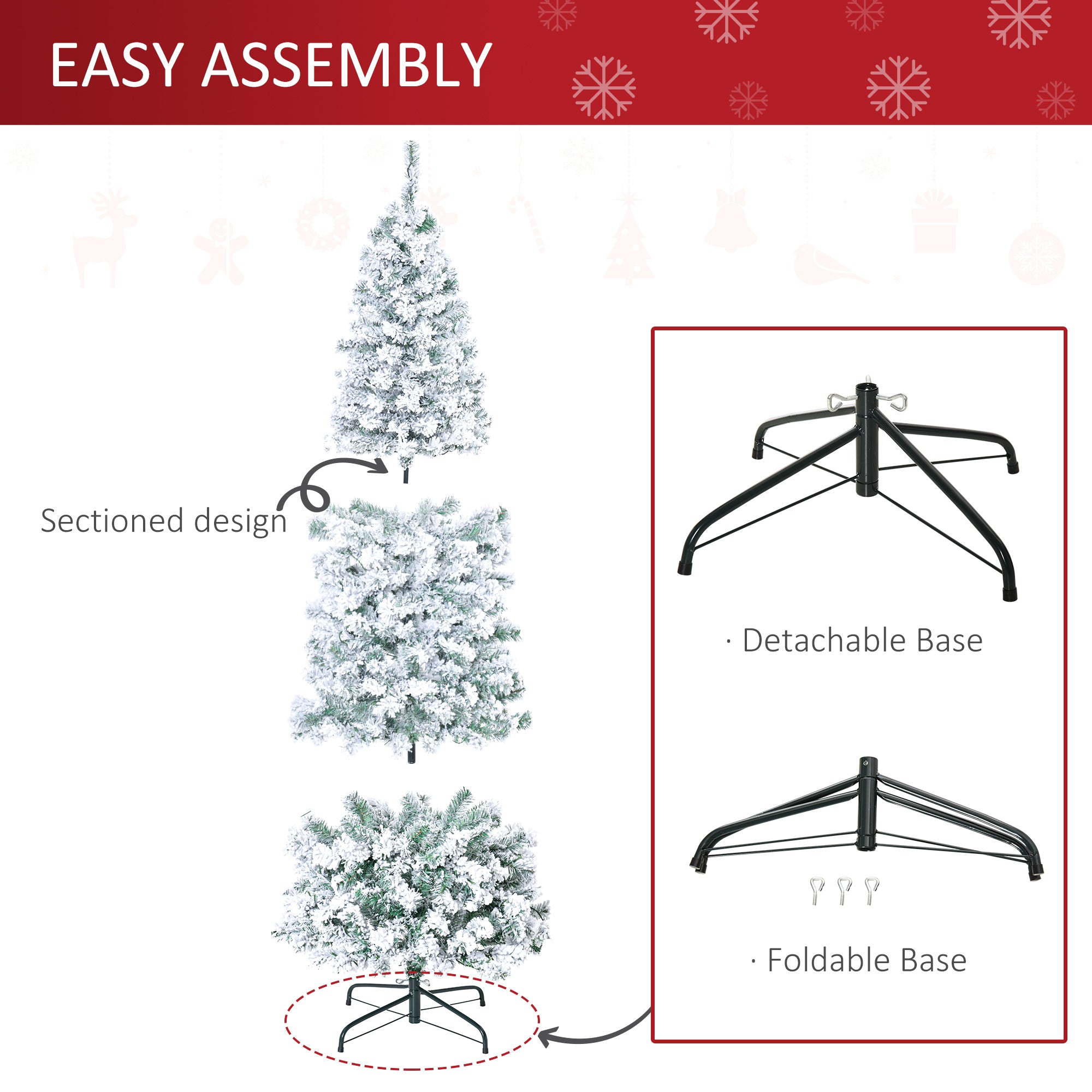 HOMCOM 6ft Snow-Flocked Slim Douglas Fir Artificial Christmas Tree, 250 LED Warm White Lights, 462 Realistic PVC Tips, Sturdy Steel Base, Easy Assembly for Indoor Holiday Decor