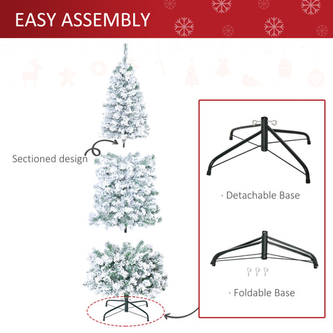 HOMCOM 6ft Snow-Flocked Slim Douglas Fir Artificial Christmas Tree, 250 LED Warm White Lights, 462 Realistic PVC Tips, Sturdy Steel Base, Easy Assembly for Indoor Holiday Decor