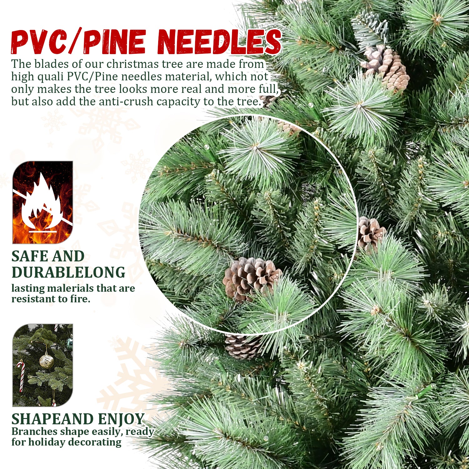7FT Realistic Full Christmas Tree: 1348 Mixed PVC &amp; Hard Needle Tips, 82 Pine Cones, Hinged Branches for Easy Setup, Sturdy Metal Stand, Lush Green Holiday Decor for Home &amp; Office