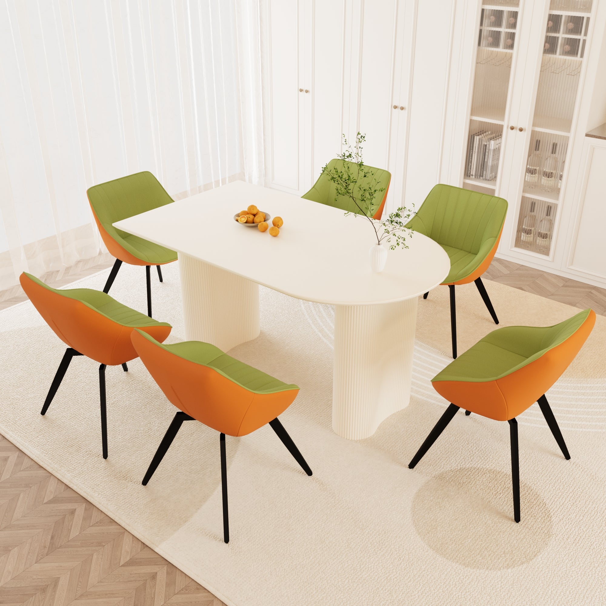 63" Cream MDF Dining Table Set with 6 Green PU Leather Chairs, Modern Industrial Style, Ergonomic Design, Perfect for Kitchen, Dining Room, Home &amp; Office Gatherings