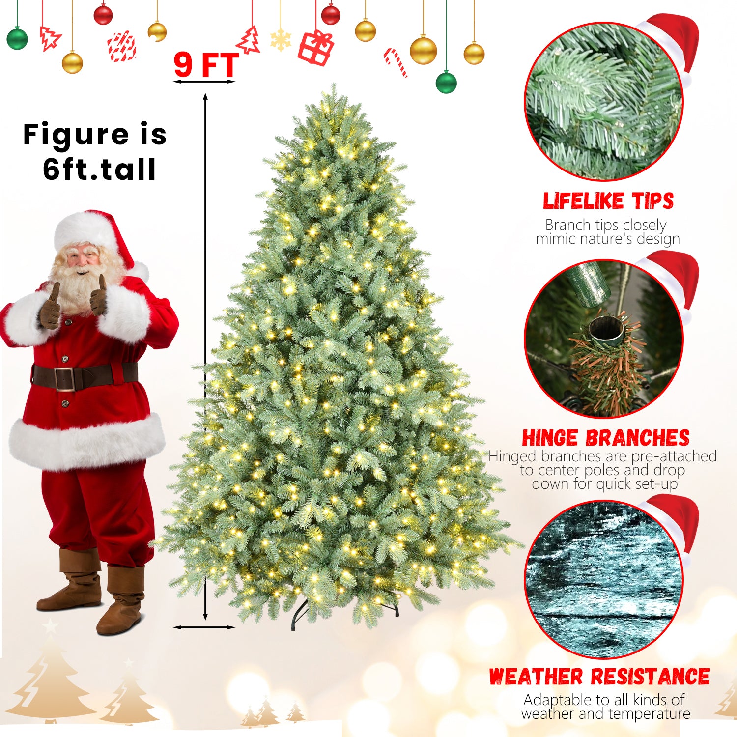 8FT Blue-Green Tint Pre-Lit Christmas Tree | 900 Warm White LEDs | 3308 PE+PVC Tips | Hinged Branches | Sturdy Metal Stand | Unique Holiday Home Decor