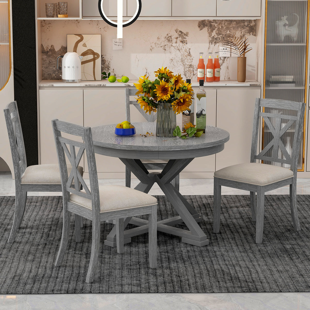 TREXM 5-Piece Extendable Round Dining Table Set for 4 - Vintage Grey Rubberwood & Linen Upholstered Chairs - 42"-54" Oval/Round Table for Kitchen, Dining Room, Living Room