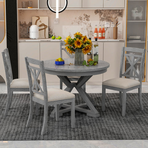 TREXM 5-Piece Extendable Round Dining Table Set for 4 - Vintage Grey Rubberwood & Linen Upholstered Chairs - 42"-54" Oval/Round Table for Kitchen, Dining Room, Living Room