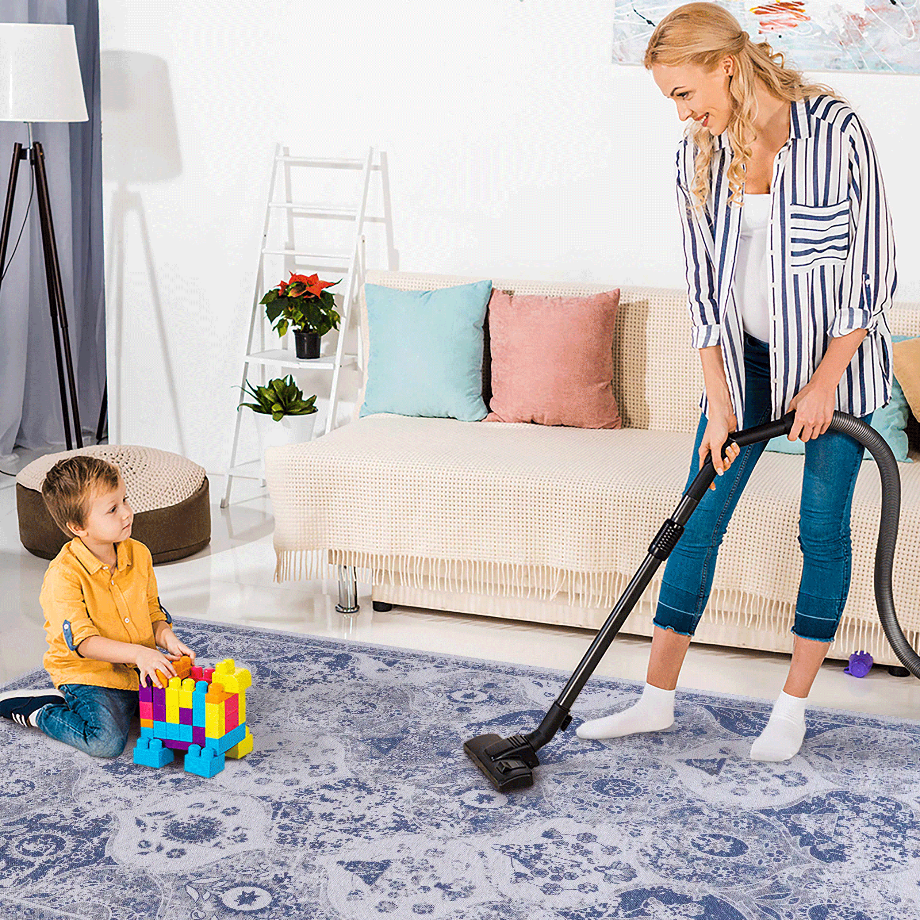 MAVAL Blue Washable Runner Rug 2'6"x10' | Soft Chenille Polyester | Non-Slip, Stain-Resistant | Low Pile for Hallway, Kitchen, Living Room, Entryway, Turkey