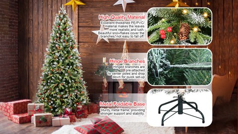 7FT Snow-Tipped Christmas Tree: 450 Warm White LEDs, 2178 PE+PVC Branches, Red Berries &amp; Pine Cones. Hinged, Realistic Holiday Decor for Home &amp; Office.