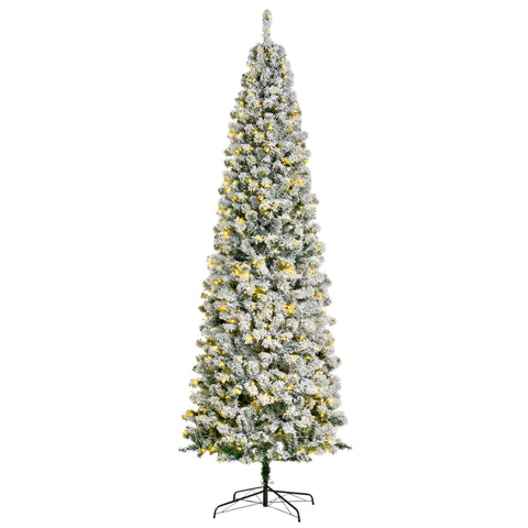 HOMCOM 9ft Snow-Flocked Slim Douglas Fir Artificial Christmas Tree, 550 Warm White LED Lights, 988 Realistic PVC Tips, Hinged Design, Sturdy Steel Base for Indoor Holiday Decor