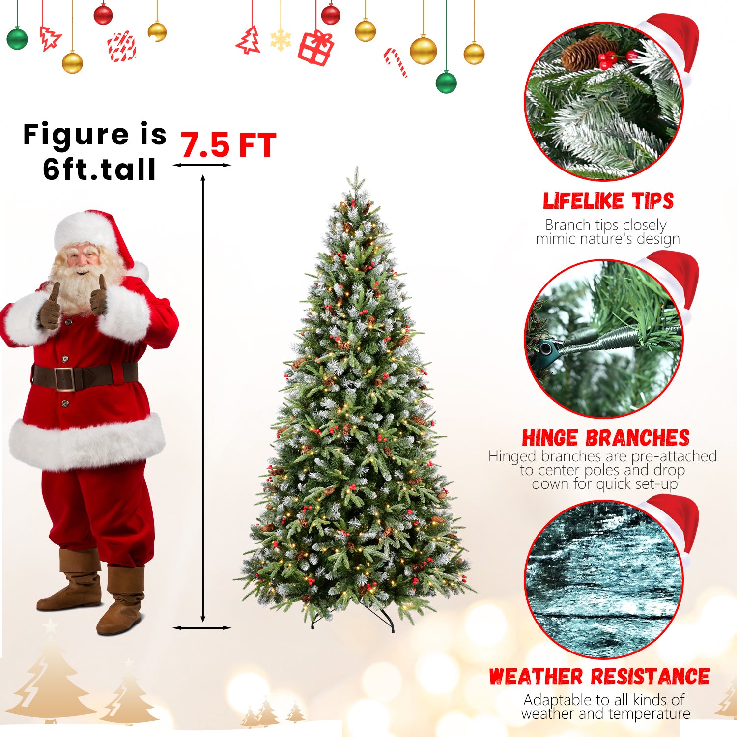 7FT Snow-Tipped Christmas Tree: 450 Warm White LEDs, 2178 PE+PVC Branches, Red Berries &amp; Pine Cones. Hinged, Realistic Holiday Decor for Home &amp; Office.