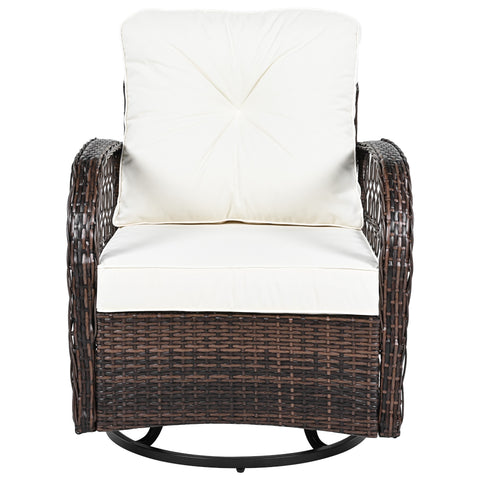 3-Piece Brown Rattan Outdoor Chat Set: 2 Swivel Rocker Chairs &amp; Glass Top Table for Garden Patio Balcony, Weather-Resistant Wicker Seating Group with Cushions