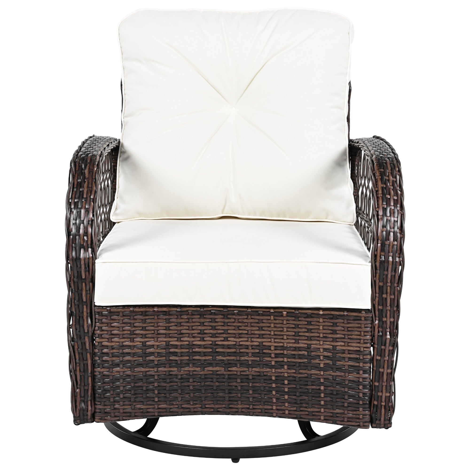 3-Piece Brown Rattan Outdoor Chat Set: 2 Swivel Rocker Chairs &amp; Glass Top Table for Garden Patio Balcony, Weather-Resistant Wicker Seating Group with Cushions