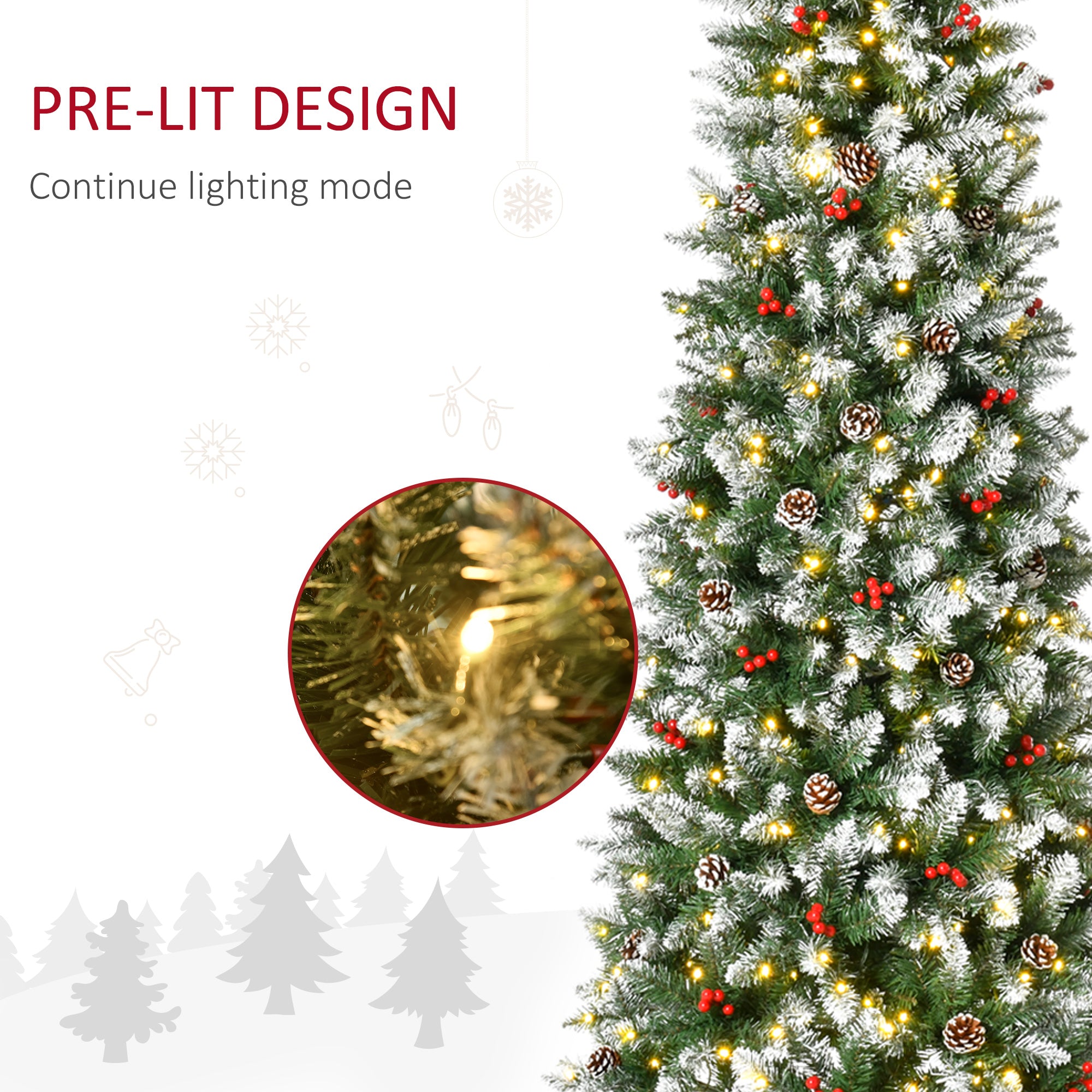 HOMCOM 7.5ft Pre-Lit Snow-Dipped Artificial Christmas Tree | 350 LED Lights, 1075 Tips, Pine Cones &amp; Berries | Realistic PVC Green Tree for Indoor Holiday Decor