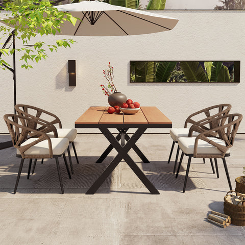 U_Style 4-Seater Brown PE Rattan Outdoor Dining Set: Modern Plastic Wood Table & Linear Chairs for Garden, Patio, Lawn - Weather-Resistant & Durable, Residential Use