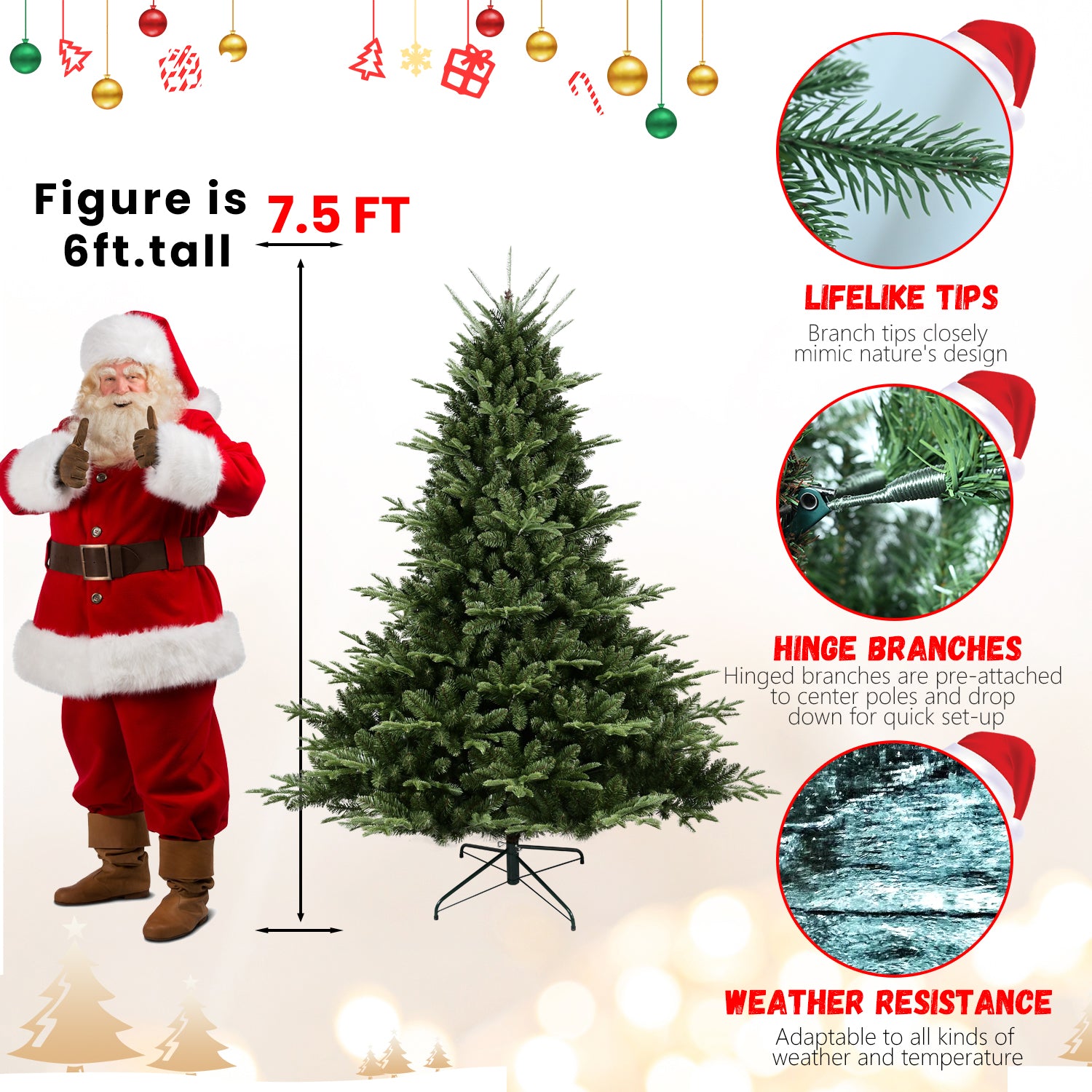 7.5FT Full-Shaped Christmas Tree - 2441 Lush PE/PVC Mixed Tips, Hinged Branches, Wide Base for Large Spaces, Durable Metal Stand, Realistic Green Holiday Decor for Home &amp; Office