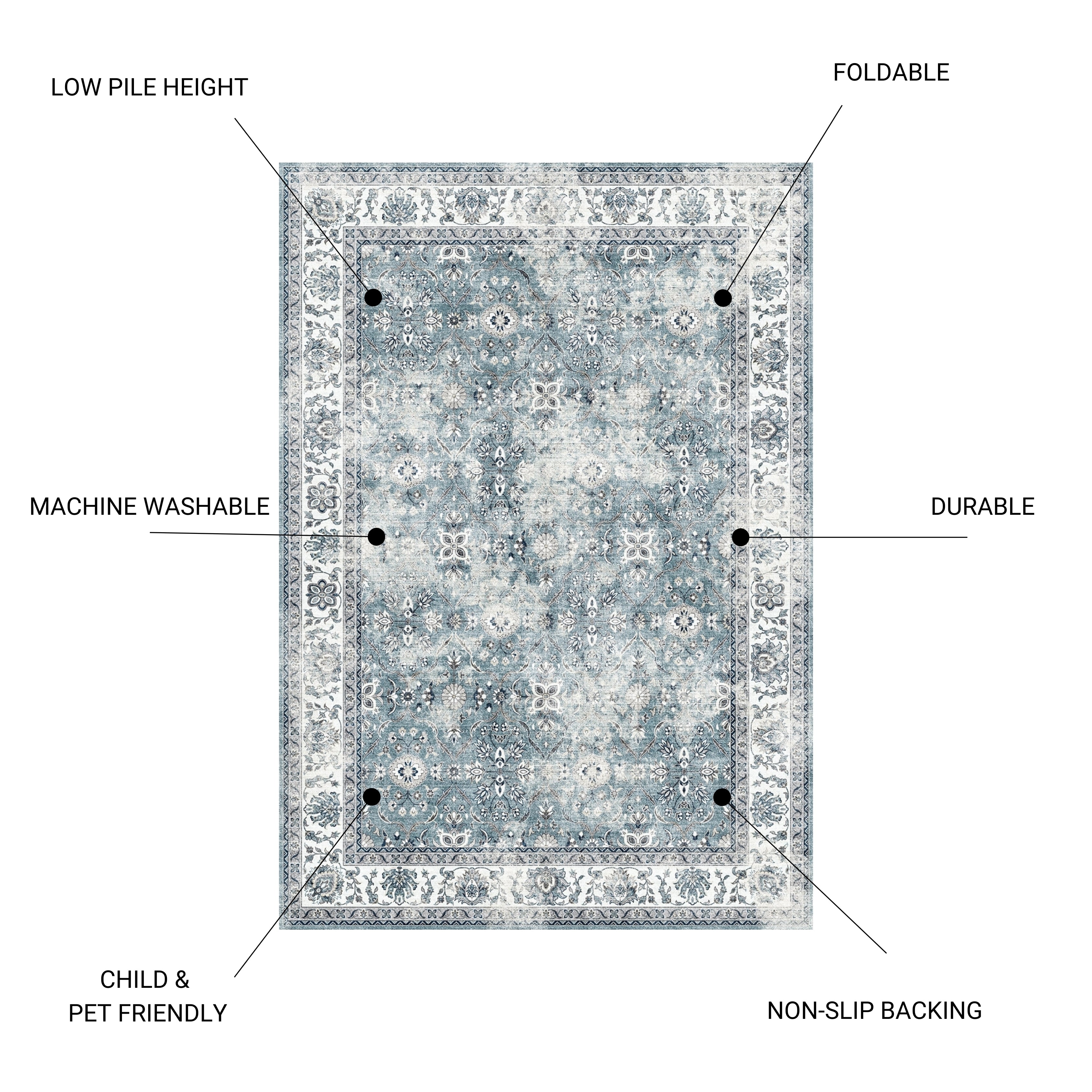 Toucan K4640A-19 Washable Non-Slip Area Rug, 5'x7' Silver Polyester Traditional Design for Living Room, Bedroom, Entryway. Durable, Low Pile, Pet-Friendly, Easy Care