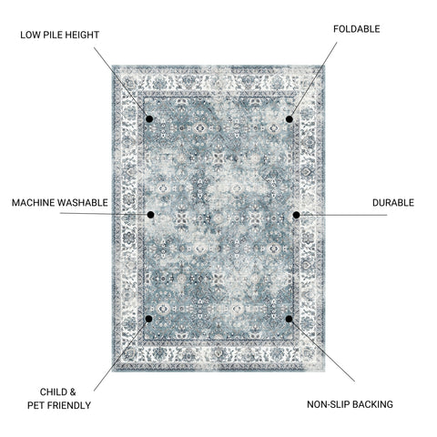 Toucan K4640A-19 Washable Non-Slip Area Rug, 5'x7' Silver Polyester Traditional Design for Living Room, Bedroom, Entryway. Durable, Low Pile, Pet-Friendly, Easy Care