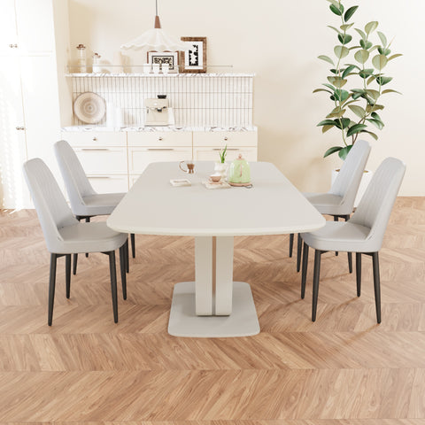 Expandable Dining Table Set for 2-8 People, 63-79" Gray MDF Kitchen Table with 4 PU Leather Padded Chairs, U-Shaped Legs, Modern Farmhouse Style for Dining Room & Living Room