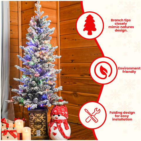 4FT Flocked Christmas Tree with Multicolour LED Lights, 396 Tips, Glitter Base &amp; Pine Cones - Easy Assembly Home &amp; Party Holiday Decor, White/Green PVC &amp; PE Tree