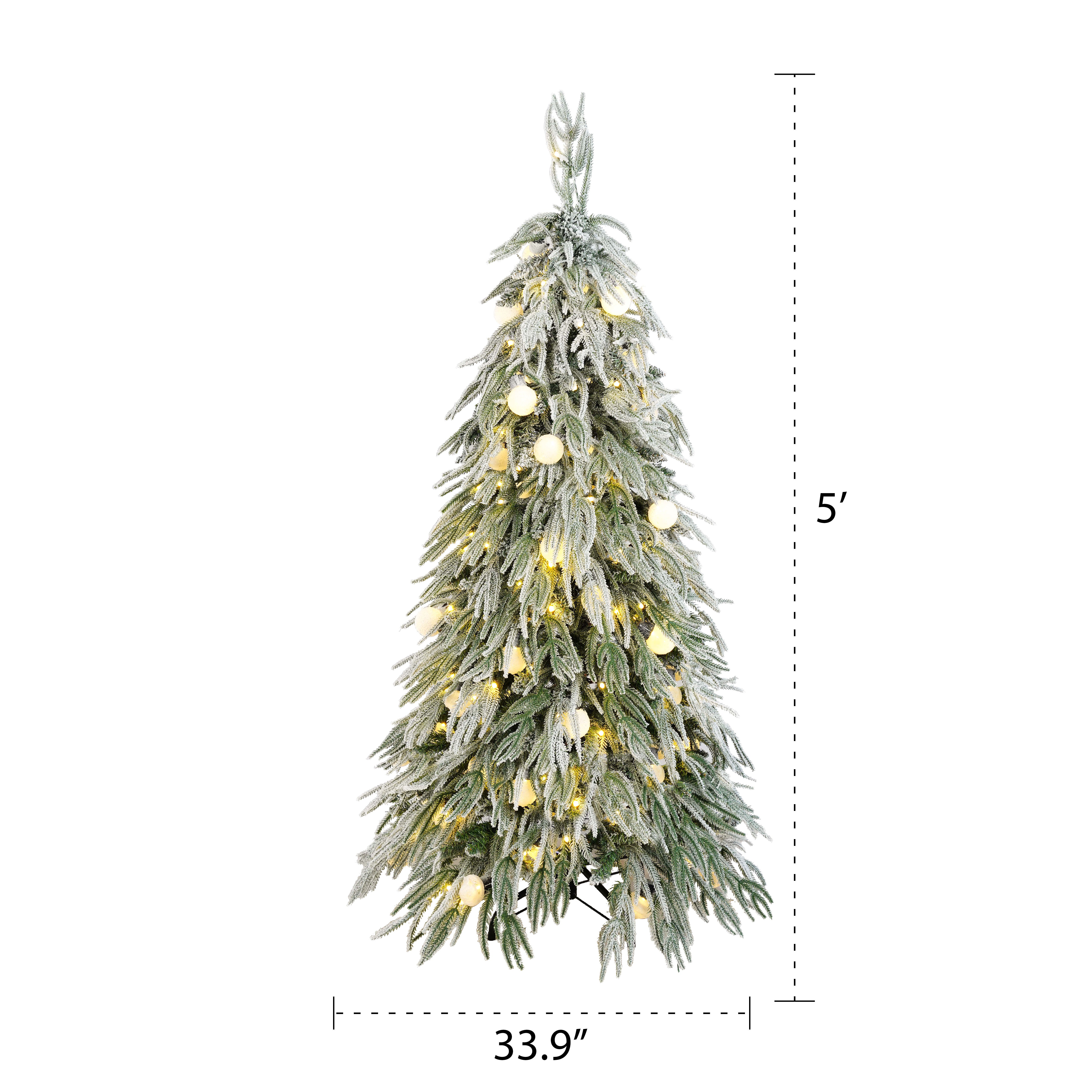 5FT Snow Flocked Spruce Christmas Tree, Hinged Artificial Xmas Tree with Warm White LED Lights, Realistic PE/PVC Needles, Easy Setup for Holiday Home &amp; Office Decor, White/Green