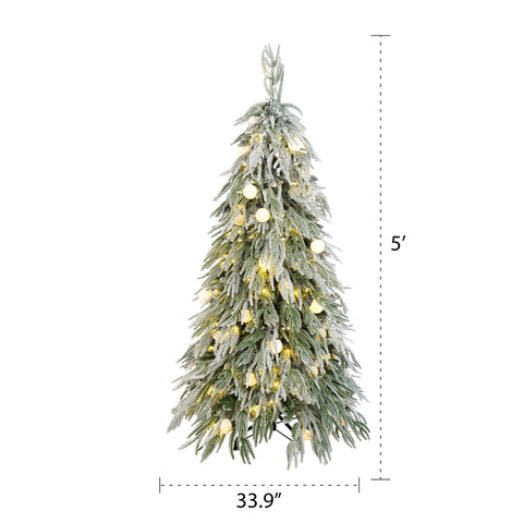 5FT Snow Flocked Spruce Christmas Tree, Hinged Artificial Xmas Tree with Warm White LED Lights, Realistic PE/PVC Needles, Easy Setup for Holiday Home &amp; Office Decor, White/Green