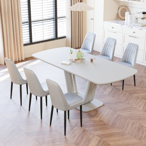 Expandable 62.99"-78.74" Dining Table Set for 2-8, Gray MDF &amp; PU Fabric, 6 Padded Chairs with U-Legs for Kitchen, Dining Room, Living Room, Modern Farmhouse Style