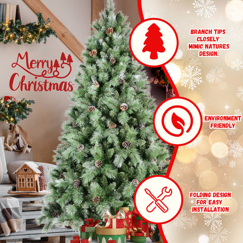 5FT Realistic Green Christmas Tree with 694 Mixed PVC & Hard Needle Tips, 51 Pine Cones, Hinged Design for Easy Setup, Sturdy Metal Stand - Full Holiday Decor for Home, Living Room, Indoor Use