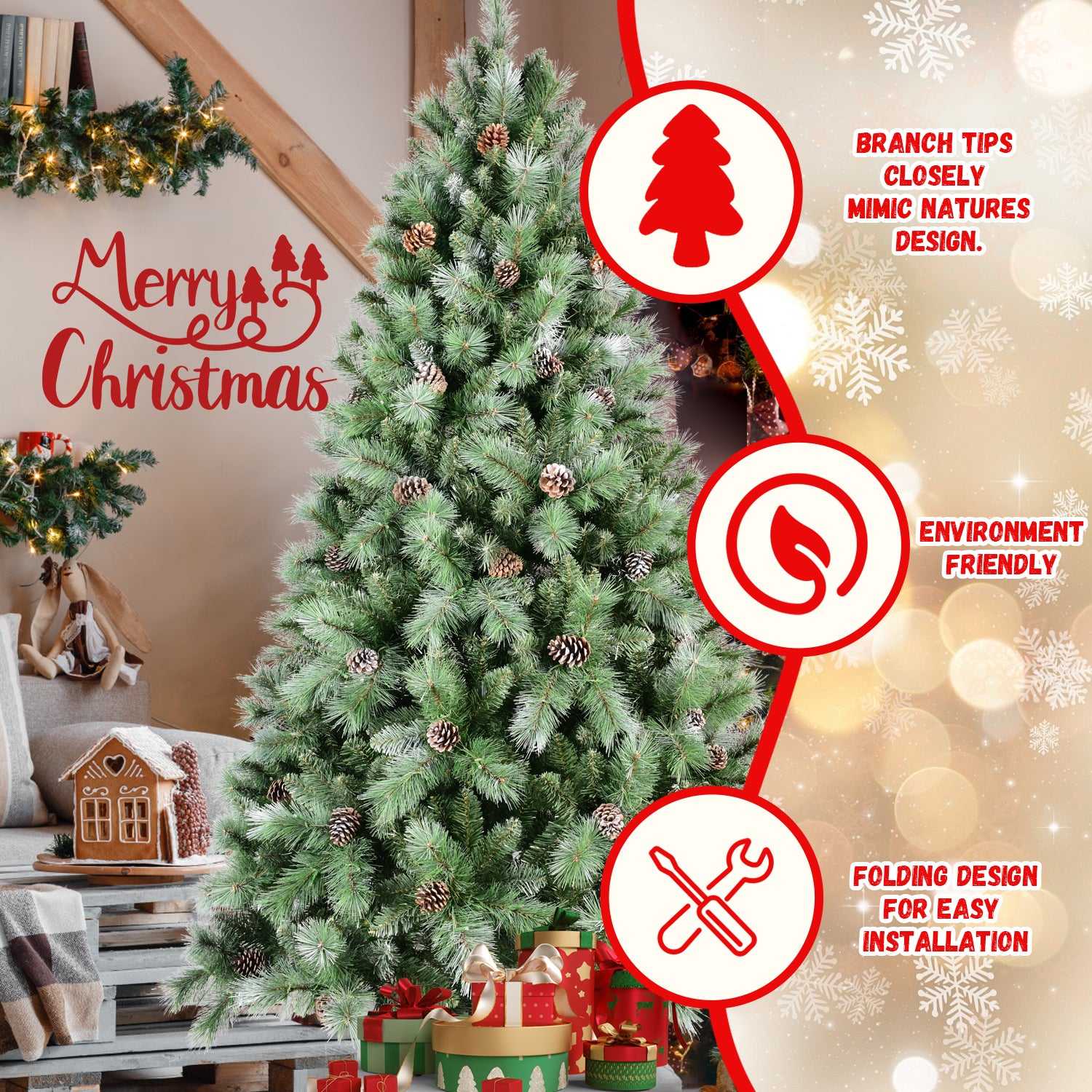 7FT Realistic Full Christmas Tree: 1348 Mixed PVC &amp; Hard Needle Tips, 82 Pine Cones, Hinged Branches for Easy Setup, Sturdy Metal Stand, Lush Green Holiday Decor for Home &amp; Office