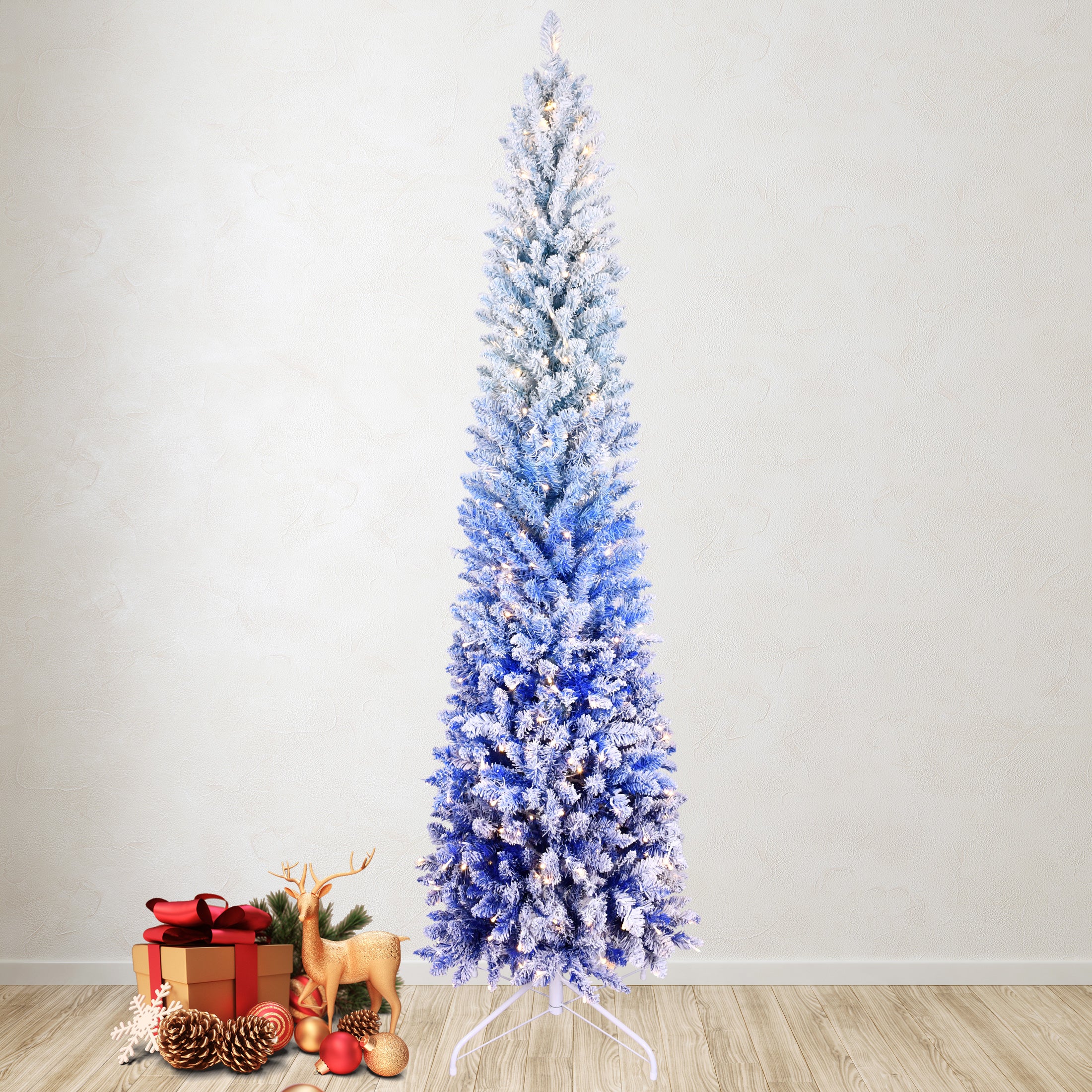 7FT Blue Gradient Flocked Pencil Christmas Tree | 300 Warm White LED Lights | 725 Tips | Hinged Branches | Slim Metal Stand for Holiday Home Decor