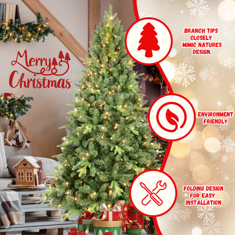 6FT Pre-Lit Artificial Christmas Tree: 1339 PE+PVC Tips, 350 UL Warm White Lights, Hinged Branches, Sturdy Metal Stand. Realistic Full Green Tree for Cozy Home Holiday Decor.