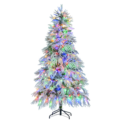 6FT Snow Flocked Spruce Christmas Tree | Hinged Artificial Xmas Tree | 790 Tips, 300 Multi-Color & Warm White LED Lights, 8 Modes | Perfect Holiday Home & Office Decor