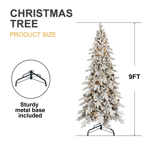 8FT Snow-Kissed Flocked Christmas Tree: 1634 Tips, 1000 Warm White LEDs, 44 Pine Cones, Hinged Branches, Metal Stand. Perfect for festive home decor, small spaces, and creating a winter wonderland.