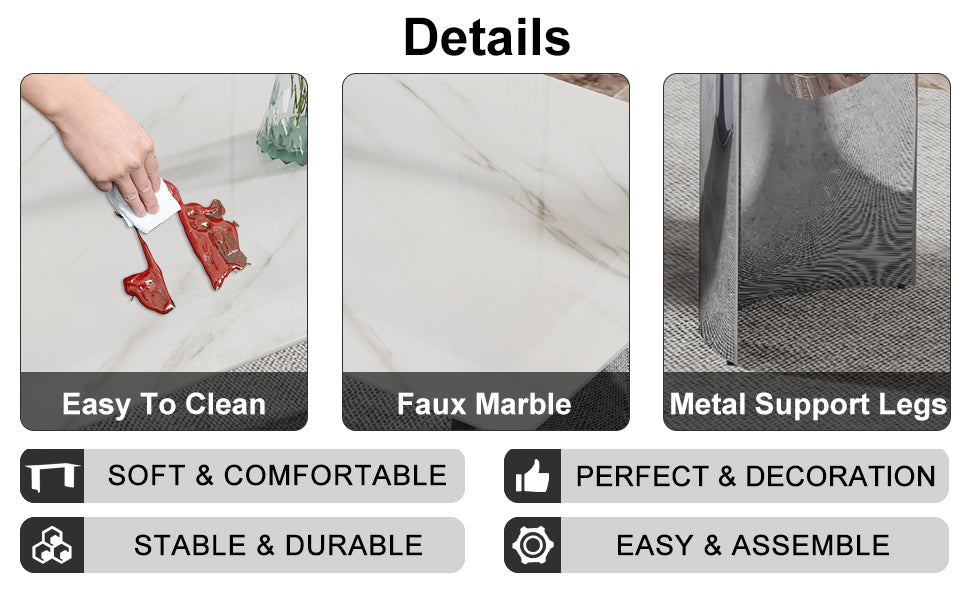 Modern Minimalist Dining Table & Chair Set | Imitation Marble Glass Top | Stainless Steel Legs | Comfortable PU Seats | Ideal for Dining Room, Kitchen, Parties | Easy Assembly | Silver | DT-69