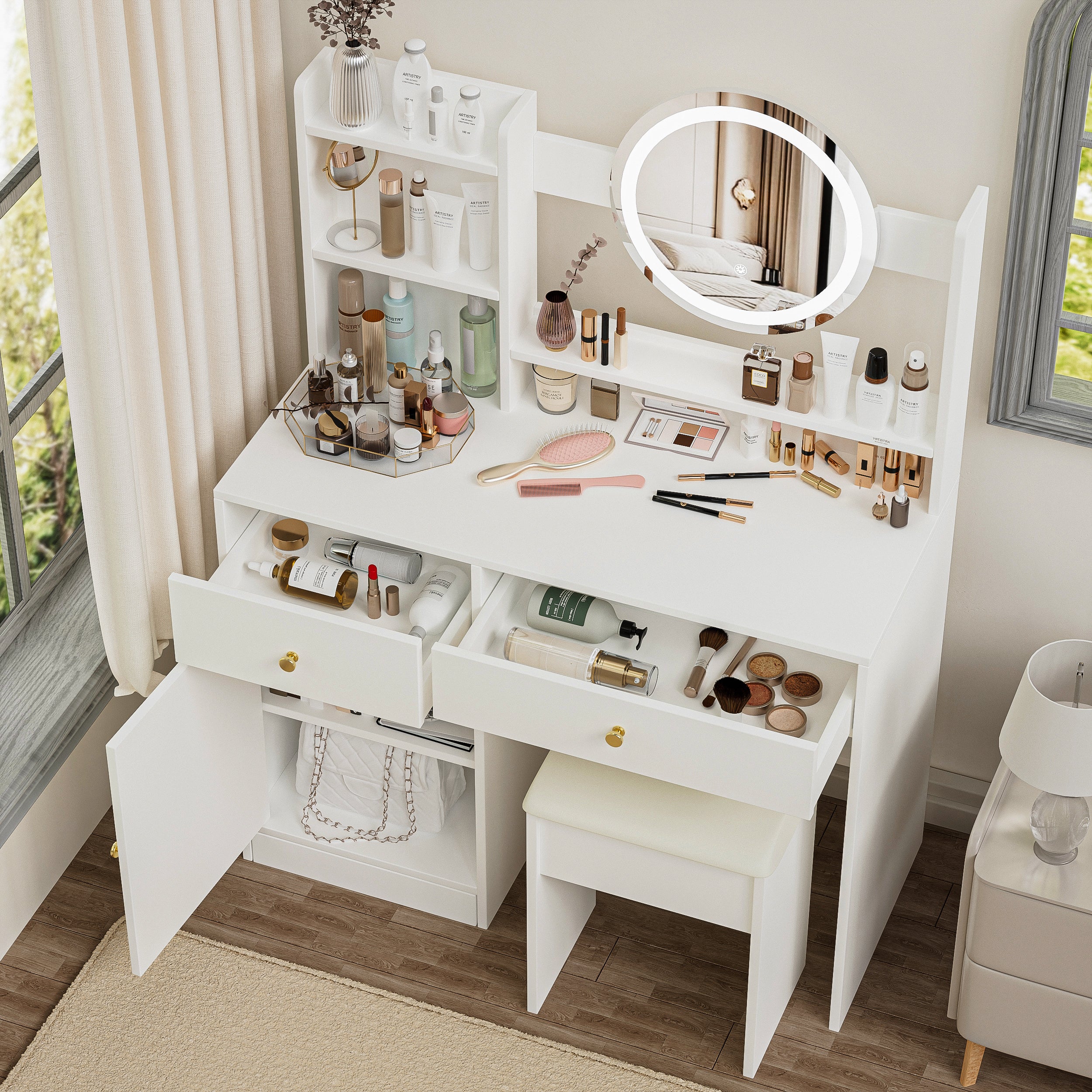 Fashion White Vanity Desk with Mirror & Lights, 3 Color Lighting, Adjustable Brightness, 2 Drawers, Storage Shelves, Cushioned Chair Included, MDF, 35.4" W, Bedroom & Makeup Use