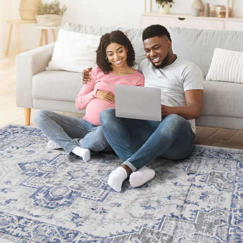 MARFI Collection 6x9 Oriental Area Rug - Stain Resistant, Non-Shedding Polyester in Blue/Grey, Medium Pile (0.35") for Living Room, Bedroom, Entryway, Home Office, Turkey Made