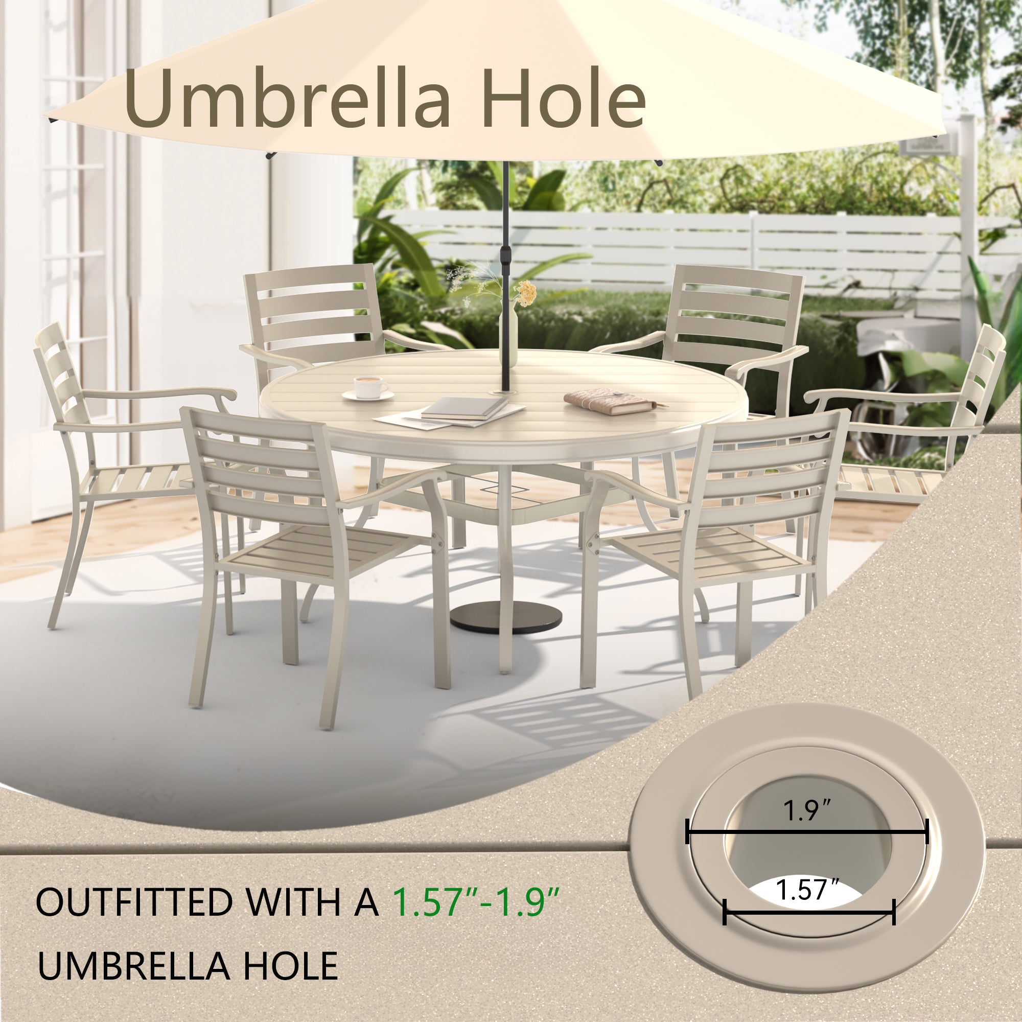 7-Piece Outdoor Patio Dining Set: 53" Round Metal Table & 6 Stackable Sandstone Chairs for Garden, Lawn, Backyard Deck - Durable, Weather-Resistant, Casual Style