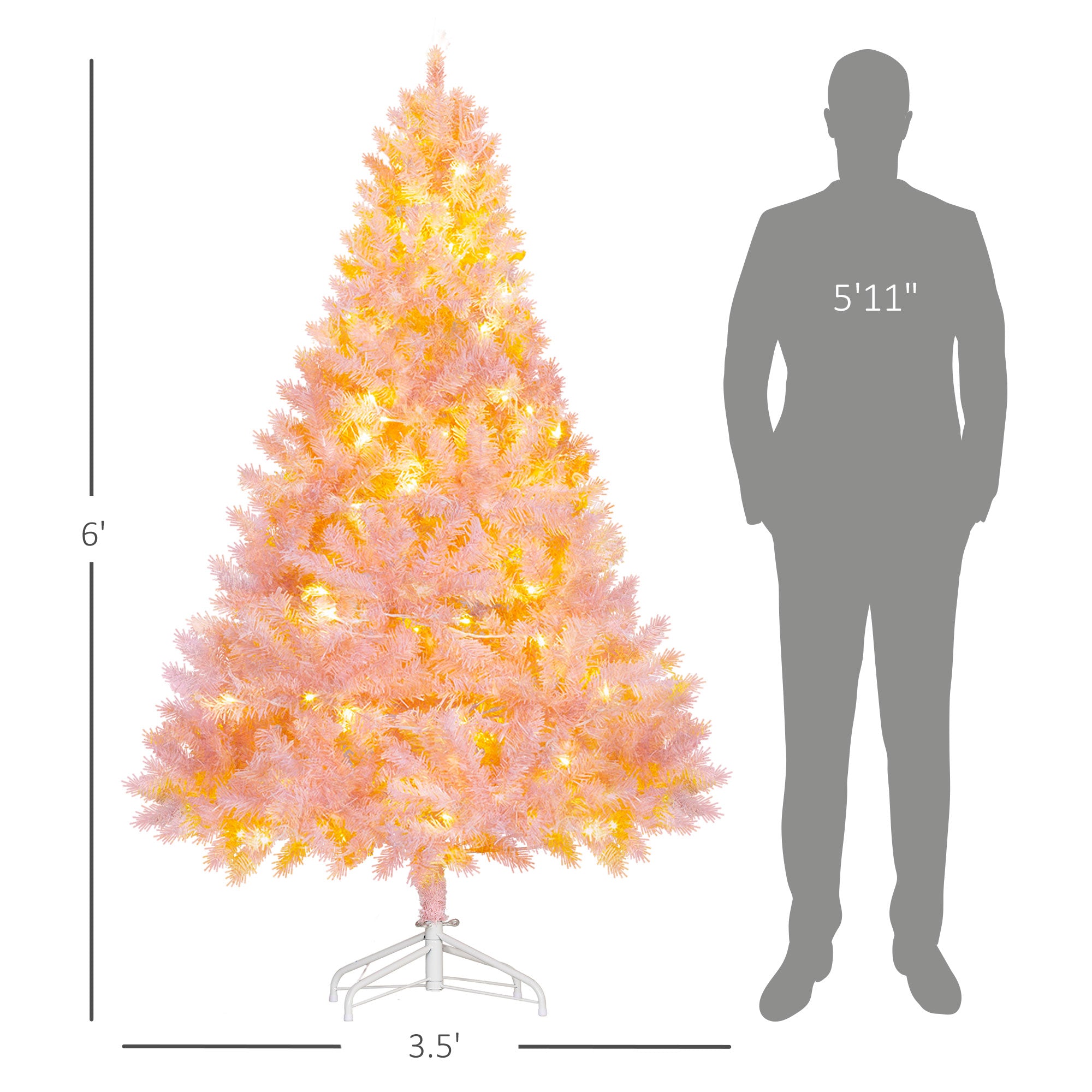 HOMCOM 6ft Pink Douglas Fir Artificial Christmas Tree: 1000 Tips, 250 Warm White LEDs, Realistic Branches, Metal Base - Perfect for Festive Holiday Home Decor