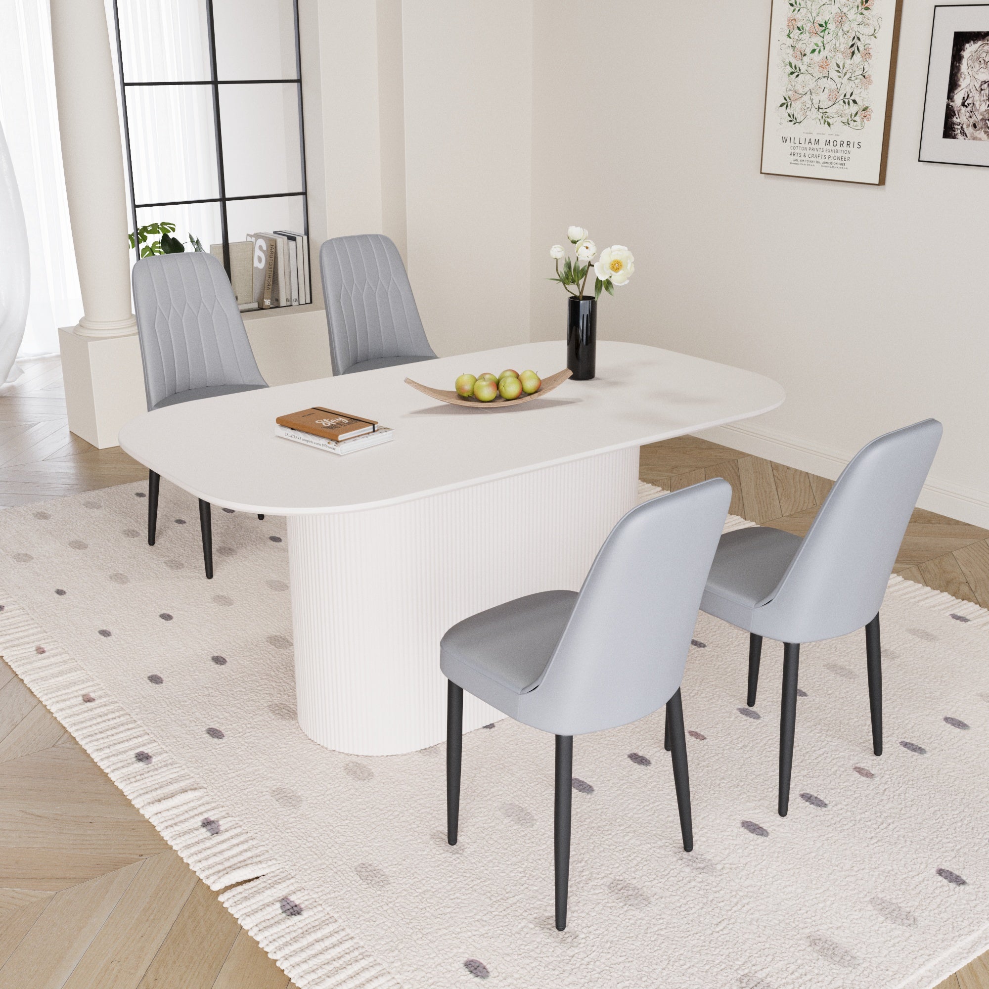 63" Cream Modern MDF Dining Table Set with 4 PU Leather Chairs, Black Metal Legs, Ergonomic Design, Stain-Resistant Tabletop, Perfect for Home Kitchen & Dining Room