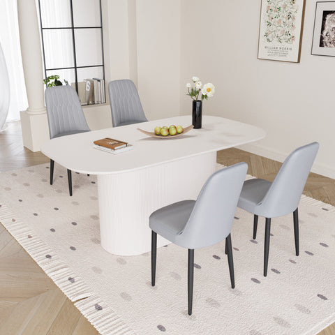 63" Cream Modern MDF Dining Table Set with 4 PU Leather Chairs, Black Metal Legs, Ergonomic Design, Stain-Resistant Tabletop, Perfect for Home Kitchen & Dining Room