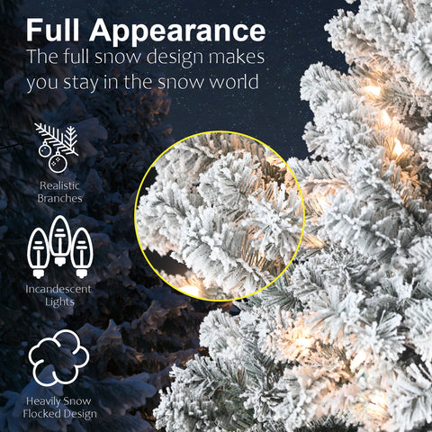4FT Snow-Flocked Christmas Tree with 100 Warm White Incandescent Lights - Realistic Snowy Artificial Holiday Tree, 233 Tips, Sturdy Metal Stand for Cozy Home, Office, Apartment Decor