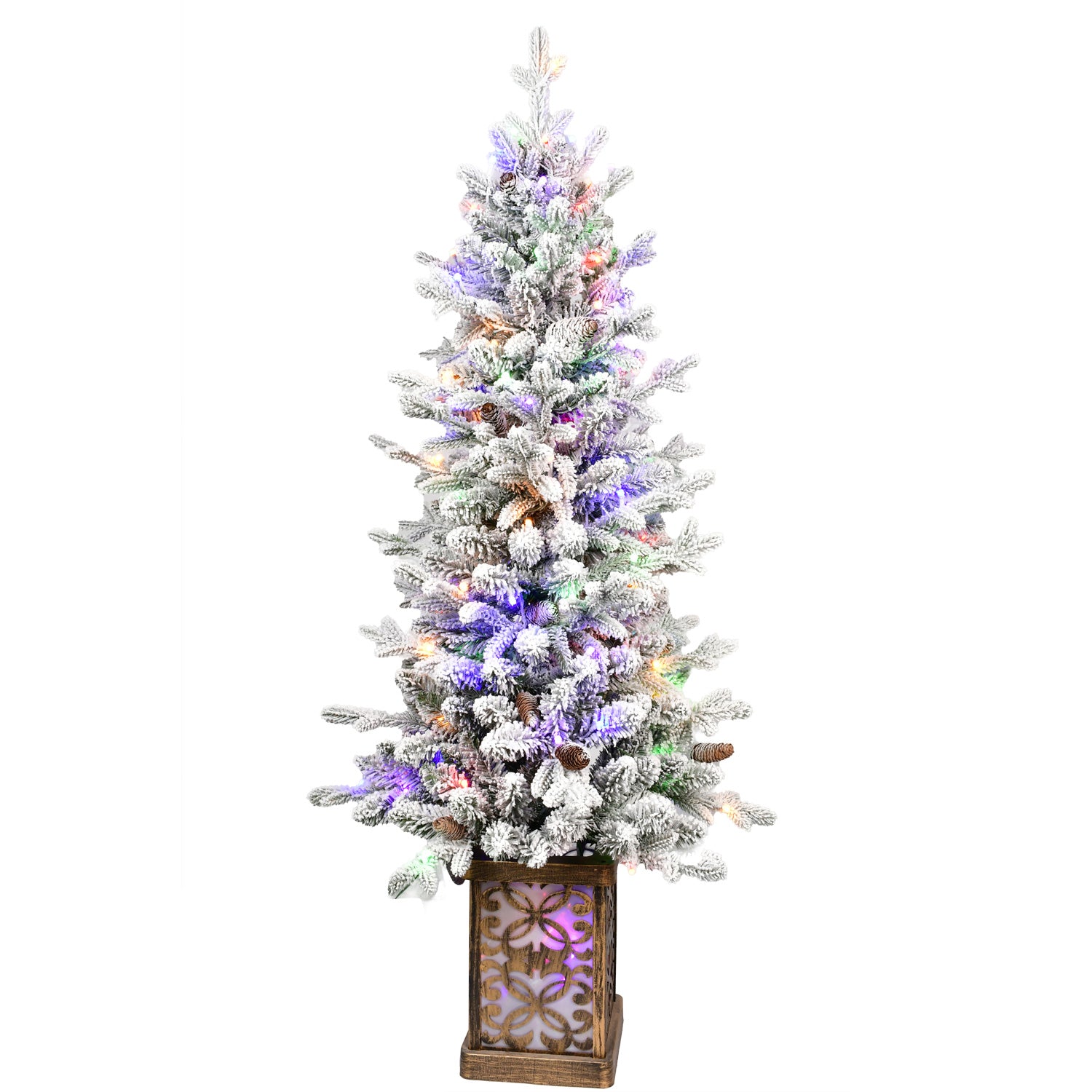 4FT Flocked Christmas Tree with Multicolour LED Lights, 396 Tips, Glitter Base &amp; Pine Cones - Easy Assembly Home &amp; Party Holiday Decor, White/Green PVC &amp; PE Tree