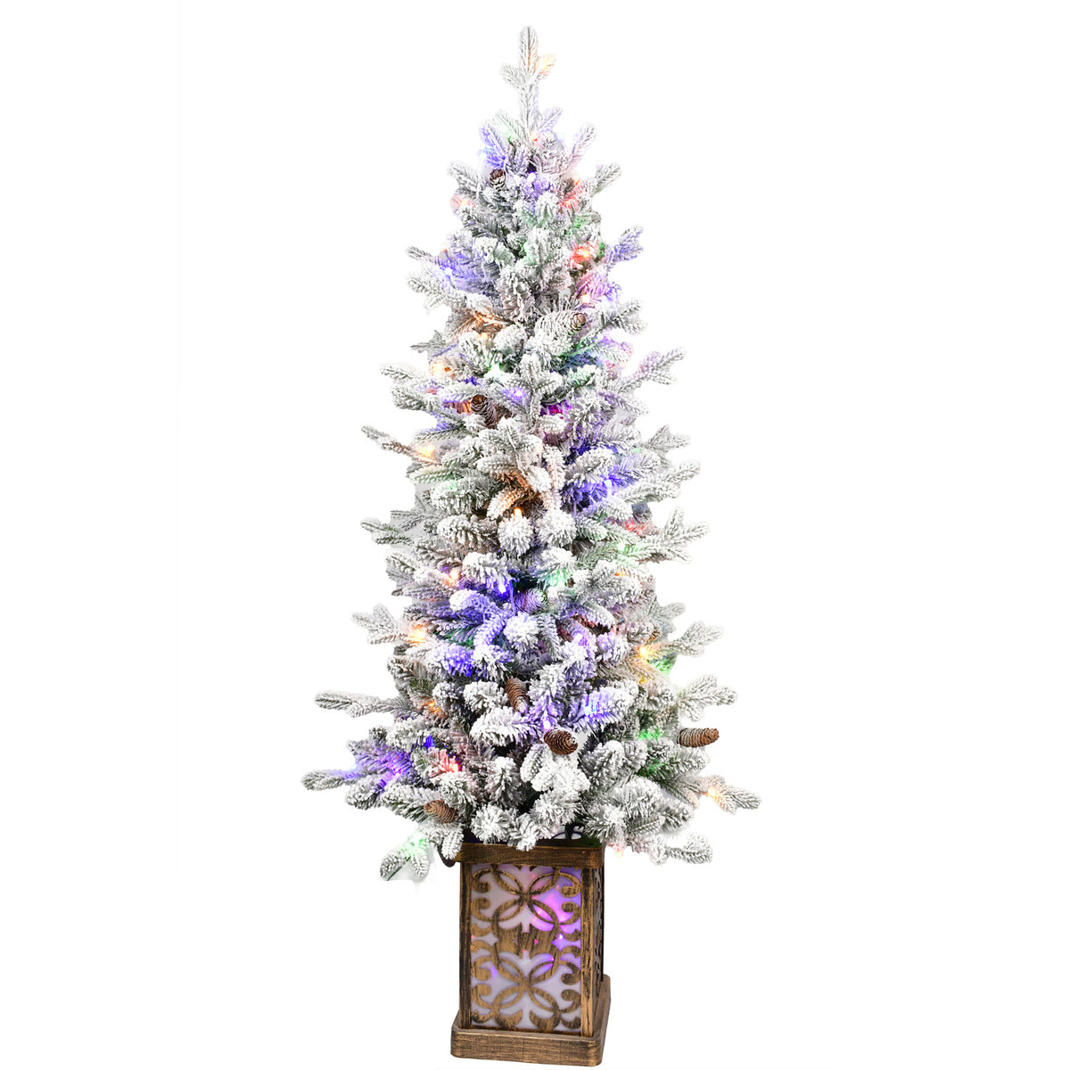 4FT Flocked Christmas Tree with Multicolour LED Lights, 396 Tips, Glitter Base &amp; Pine Cones - Easy Assembly Home &amp; Party Holiday Decor, White/Green PVC &amp; PE Tree