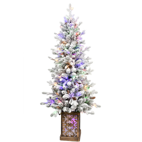 4FT Flocked Christmas Tree with Multicolour LED Lights, 396 Tips, Glitter Base &amp; Pine Cones - Easy Assembly Home &amp; Party Holiday Decor, White/Green PVC &amp; PE Tree