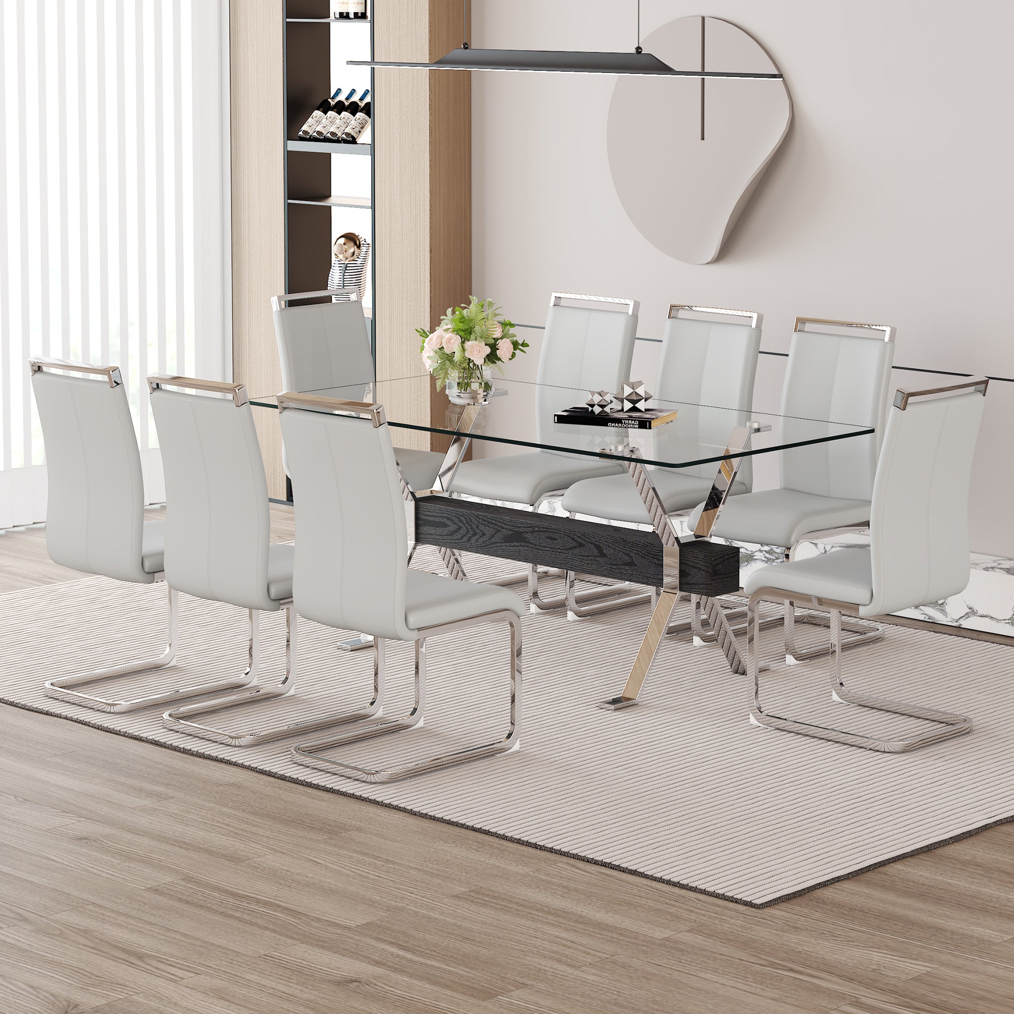 Elegant 8-Seater Dining Set: 71" Clear Tempered Glass Table &amp; 8 Light Gray PU Chairs with Silver Metal Legs for Modern Kitchens &amp; Dining Rooms