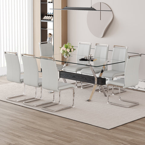 Elegant 8-Seater Dining Set: 71" Clear Tempered Glass Table &amp; 8 Light Gray PU Chairs with Silver Metal Legs for Modern Kitchens &amp; Dining Rooms