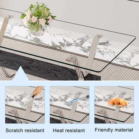 Elegant Transparent Tempered Glass Dining Set with 6 White PU Chairs - 71"x35.4" Modern Kitchen &amp; Dining Room Furniture for 4-8 People, Silver Legs, Minimalist Design