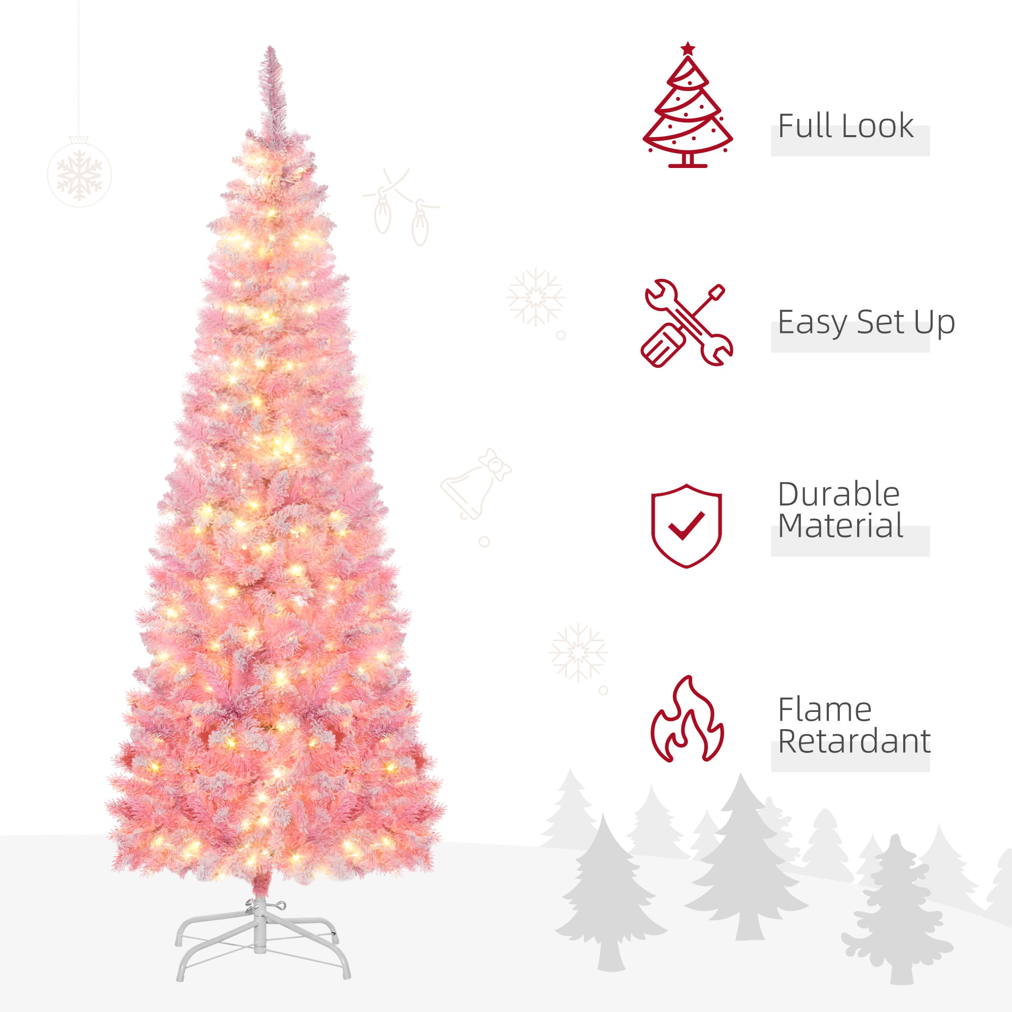HOMCOM 6ft Pink Snow Flocked Pencil Christmas Tree | Realistic Pine Branches, Warm White LEDs, Auto Open | Indoor Holiday Decor